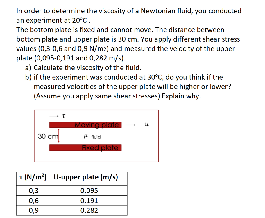 In order to determine the viscosity of a Newtonian fluid, you conducted
an experiment at 20°C.
The bottom plate is fixed and cannot move. The distance between
bottom plate and upper plate is 30 cm. You apply different shear stress
values (0,3-0,6 and 0,9 N/m2) and measured the velocity of the upper
plate (0,095-0,191 and 0,282 m/s).
a) Calculate the viscosity of the fluid.
b) if the experiment was conducted at 30°C, do you think if the
measured velocities of the upper plate will be higher or lower?
(Assume you apply same shear stresses) Explain why.
Moving plate
и
30 cm
H fluid
Fixed plate
T (N/m?) U-upper plate (m/s)
0,3
0,095
0,6
0,191
0,9
0,282
