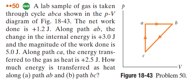 50 GOA lab sample of gas is taken p
through cycle abca shown in the p-V
diagram of Fig. 18-43. The net work
done is +1.2 J. Along path ab, the
change in the internal energy is +3.0 J
and the magnitude of the work done is
5.0 J. Along path ca, the energy trans-
ferred to the gas as heat is +2.5 J. How
much energy is transferred as heat
along (a) path ab and (b) path bc?
a
b
-V
Figure 18-43 Problem 50.