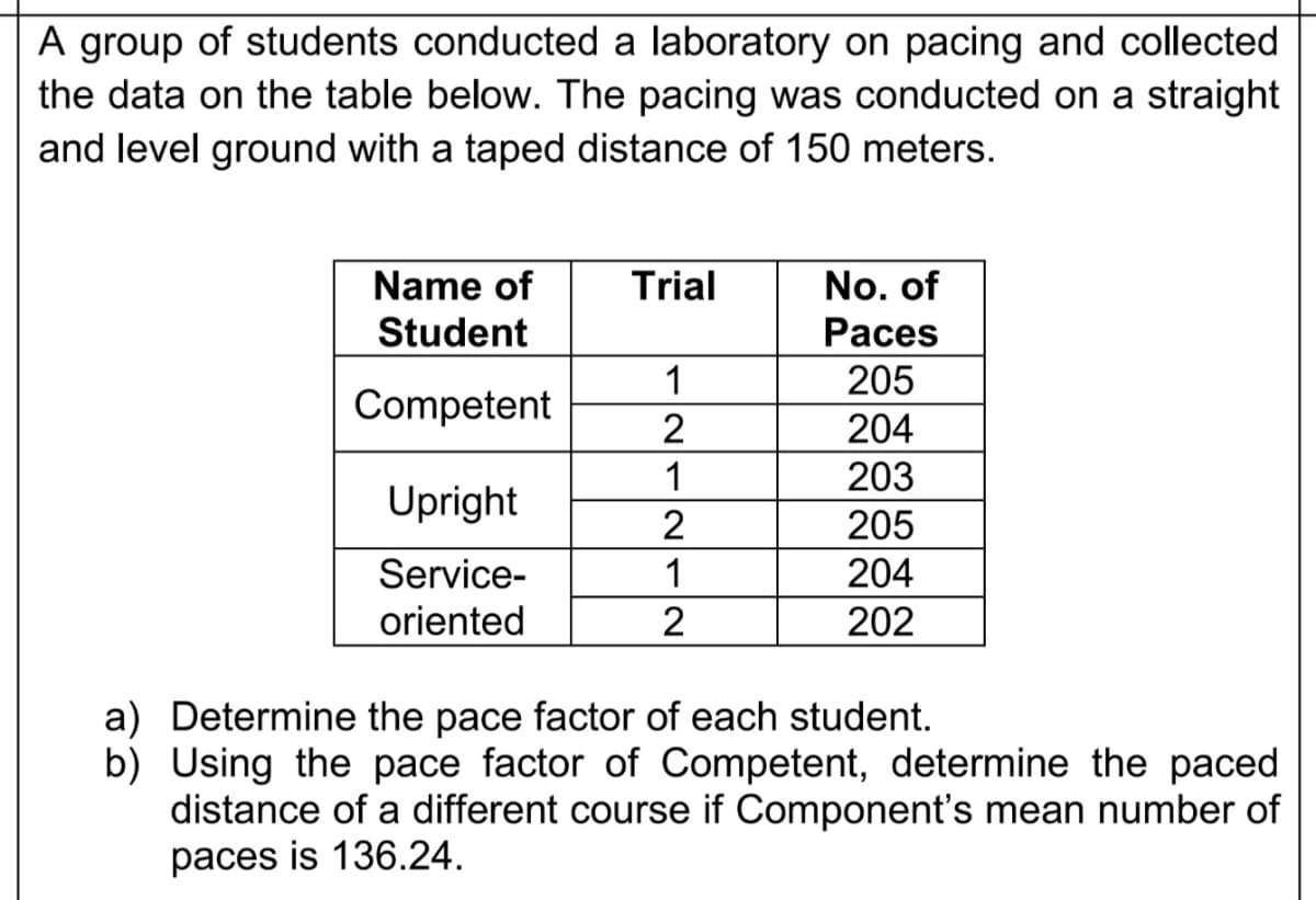 A group of students conducted a laboratory on pacing and collected
the data on the table below. The pacing was conducted on a straight
and level ground with a taped distance of 150 meters.
Name of
Trial
No. of
Student
Paces
1
205
Competent
204
1
203
Upright
2
205
Service-
1
204
oriented
202
a) Determine the pace factor of each student.
b) Using the pace factor of Competent, determine the paced
distance of a different course if Component's mean number of
paces is 136.24.

