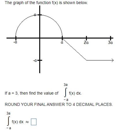 The graph of the function f(x) is shown below.
-a
-a-
If a = 3, then find the value of
3a
[ f(x) dx =
- a
+
f(x) dx.
2a
3a
S₁
- a
ROUND YOUR FINAL ANSWER TO 4 DECIMAL PLACES.
+
3a