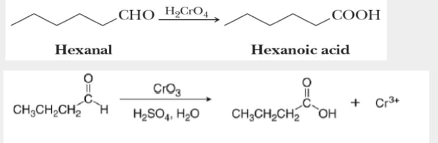 Hexanal
CHO HỌCrO4
COOH
Hexanoic acid
CrQ3
CH3CH2CH2 H
+
Cr3+
H2SO4, H₂O
CH3CH2CH2OH
