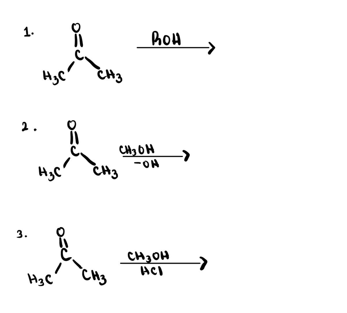 1.
BOH
2.
3.
Сизон
H₂C
-он
НЗС
'CH
CH3OH
HCI