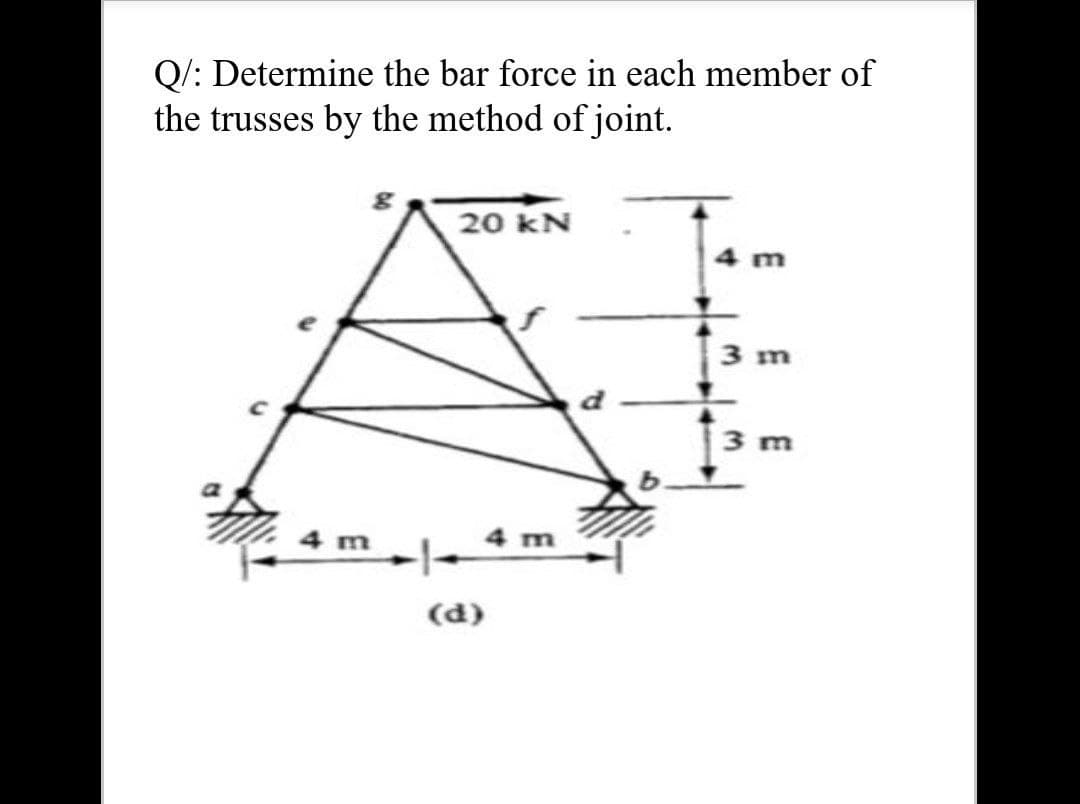 Q/: Determine the bar force in each member of
the trusses by the method of joint.
20 kN
3 m
3 m
4 m
4 m
(d)
4.
