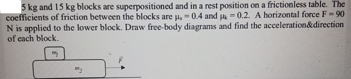 5 kg and 15 kg blocks are superpositioned and in a rest position on a frictionless table. The
coefficients of friction between the blocks are us = 0.4 and µk = 0.2. A horizontal force F = 90
N is applied to the lower block. Draw free-body diagrams and find the acceleration&direction
of each block.
