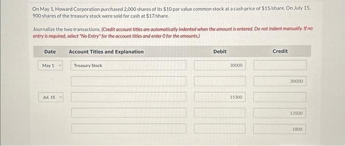 On May 1, Howard Corporation purchased 2,000 shares of its $10 par value common stock at a cash price of $15/share. On July 15,
900 shares of the treasury stock were sold for cash at $17/share.
Journalize the two transactions. (Credit account titles are automatically indented when the amount is entered. Do not indent manually. If no
entry is required, select "No Entry" for the account titles and enter O for the amounts.)
Account Titles and Explanation
Date
May 1
Jul. 15
Treasury Stock
Debit
30000
15300
Credit
30000
13500
1800