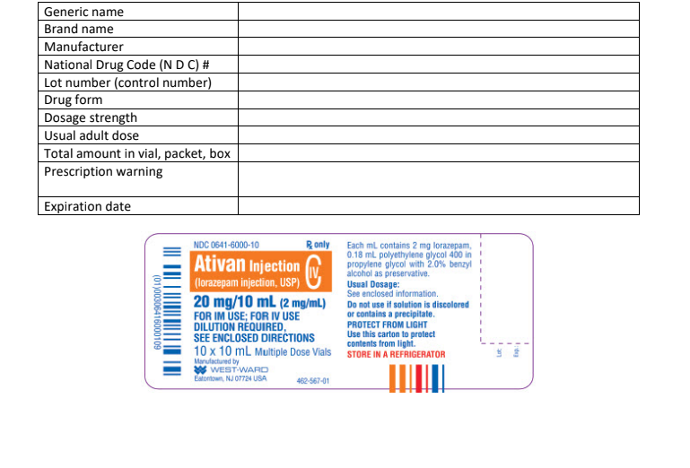 Generic name
Brand name
Manufacturer
National Drug Code (N D C) #
Lot number (control number)
Drug form
Dosage strength
Usual adult dose
Total amount in vial, packet, box
Prescription warning
Expiration date
(01)00306416000109
NDC 0641-6000-10
Ativan Injection
(lorazepam injection, USP)
20 mg/10 mL (2 mg/mL)
FOR IM USE; FOR IV USE
DILUTION REQUIRED,
SEE ENCLOSED DIRECTIONS
10 x 10 mL Multiple Dose Vials
Manufactured by
R only
WEST-WARD
Eatontown, NJ 07724 USA
462-567-01
Each mL contains 2 mg lorazepam,
0.18 mL polyethylene glycol 400 in
propylene glycol with 2.0% benzyl
alcohol as preservative.
Usual Dosage:
See enclosed information.
Do not use if solution is discolored
or contains a precipitate.
PROTECT FROM LIGHT
Use this carton to protect
contents from light.
STORE IN A REFRIGERATOR