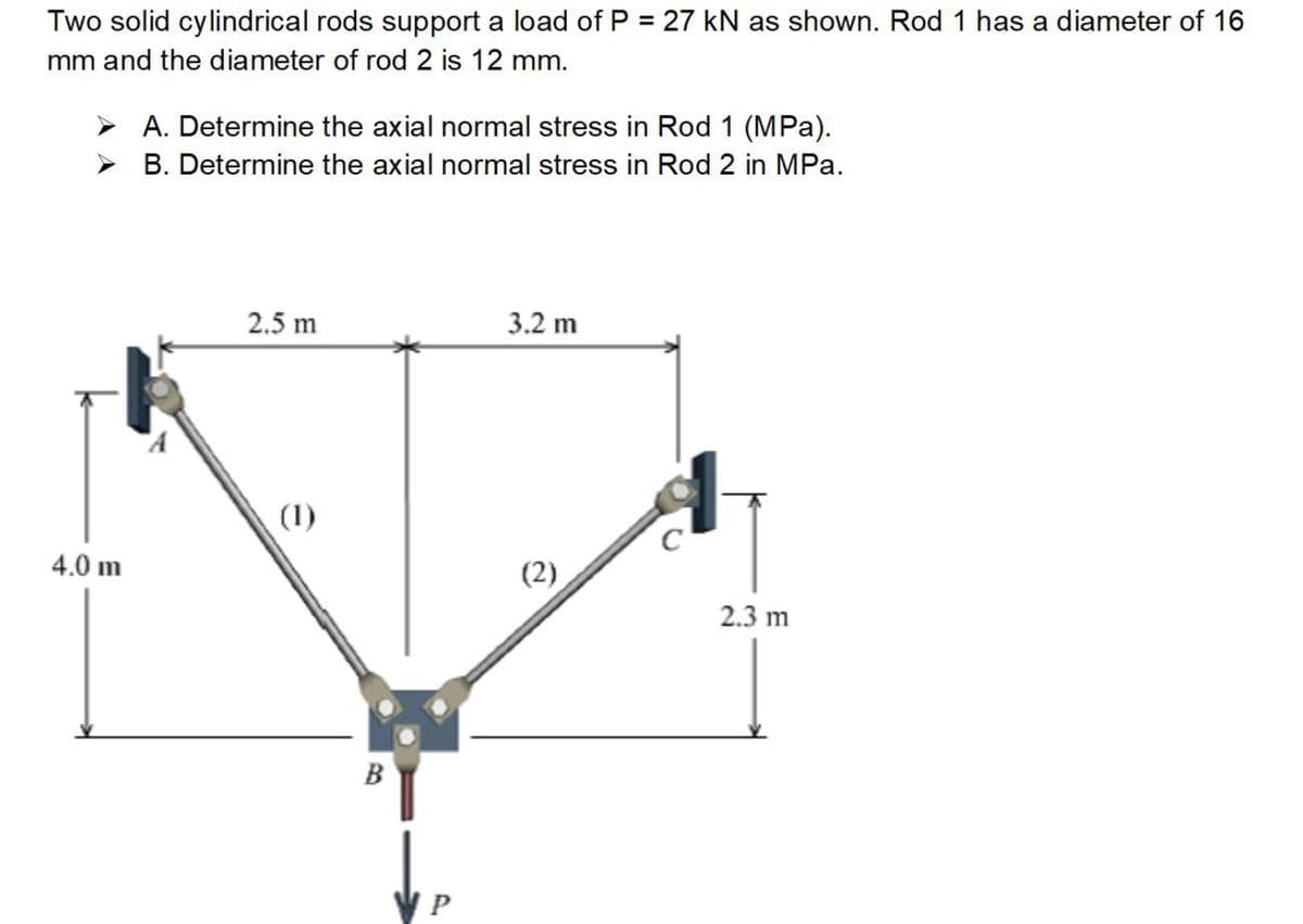 Two solid cylindrical rods support a load of P = 27 kN as shown. Rod 1 has a diameter of 16
mm and the diameter of rod 2 is 12 mm.
➤ A. Determine the axial normal stress in Rod 1 (MPa).
➤ B. Determine the axial normal stress in Rod 2 in MPa.
4.0 m
2.5 m
(1)
B
P
3.2 m
(2)
C
2.3 m
