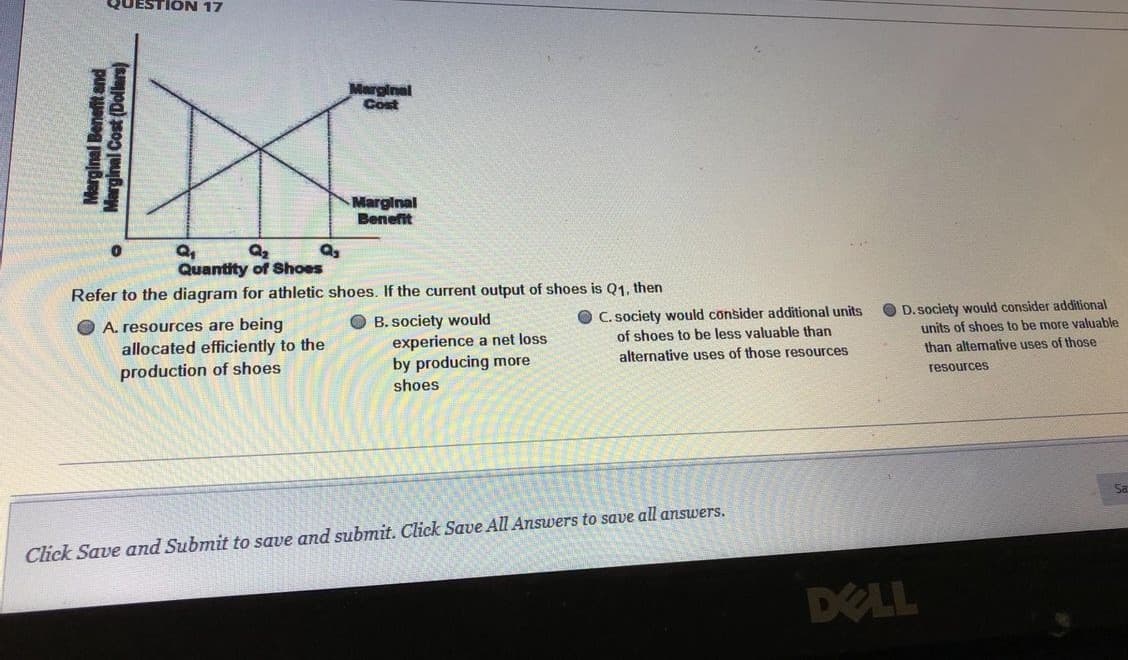 ION 17
Marginal
Cost
Marginal
Benefit
Quantity of Shoes
Refer to the diagram for athletic shoes. If the current output of shoes is Q1, then
O D. society would consider additional
units of shoes to be more valuable
O A. resources are being
O B. society would
experience a net loss
by producing more
O C. society would consider additional units
of shoes to be less valuable than
allocated efficiently to the
alternative uses of those resources
than altemative uses of those
production of shoes
resources
shoes
Sa
Click Save and Submit to save and submit. Click Save All Answers to save all answers.
DELL
Marginal Benefit and
Marginal Cost (Dollers)
