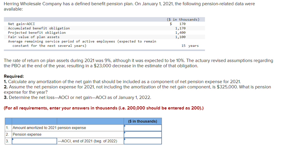 Herring Wholesale Company has a defined benefit pension plan. On January 1, 2021, the following pension-related data were
available:
($ in thousands)
Net gain-AOCI
$
170
Accumulated benefit obligation
Projected benefit obligation
1,170
1,400
Fair value of plan assets
1,100
Average remaining service period of active employees (expected to remain
constant for the next several years)
15 years
The rate of return on plan assets during 2021 was 9%, although it was expected to be 10%. The actuary revised assumptions regarding
the PBO at the end of the year, resulting in a $23,000 decrease in the estimate of that obligation.
Required:
1. Calculate any amortization of the net gain that should be included as a component of net pension expense for 2021.
2. Assume the net pension expense for 2021, not including the amortization of the net gain component, is $325,000. What is pension
expense for the year?
3. Determine the net loss-AOCI or net gain—AOCI as of January 1, 2022.
(For all requirements, enter your answers in thousands (i.e. 200,000 should be entered as 200).)
1. Amount amortized to 2021 pension expense
2. Pension expense
3.
-AOCI, end of 2021 (beg. of 2022)
($ in thousands)