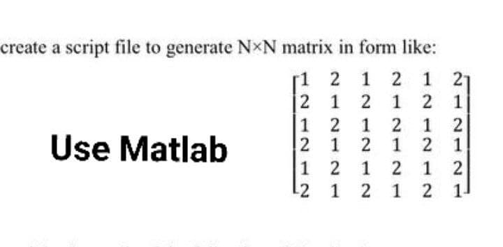 create a script file to generate NXN matrix in form like:
r1 2 1 2 1
21
2
1 2
1
2
Use Matlab
2
1 2
1 2
2
1 2 1
1 2
1
1 2
1 2
1 2
1 2
1 2
1 2
1.