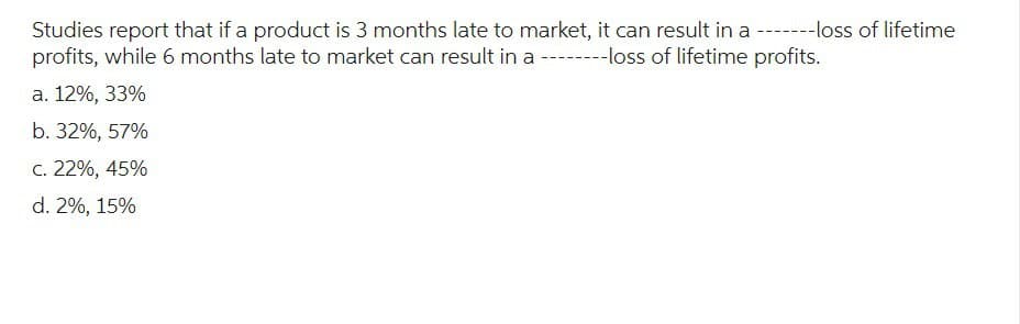 Studies report that if a product is 3 months late to market, it can result in a -------loss of lifetime
profits, while 6 months late to market can result in a --------loss of lifetime profits.
a. 12%, 33%
b. 32%, 57%
c. 22%, 45%
d. 2%, 15%