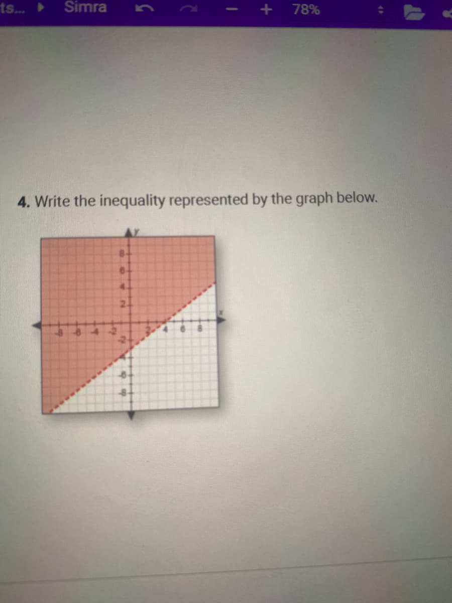 ts... ► Simra
+
-B
78%
4. Write the inequality represented by the graph below.