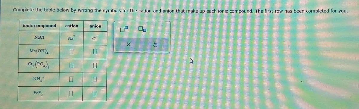 Complete the table below by writing the symbols for the cation and anion that make up each ionic compound. The first row has been completed for you.
ionic compound
NaC1
Mn(OH)4
Cr, (PO₂),
NH₂I
FeF₂
cation
Na
anion
C1
5
X
8