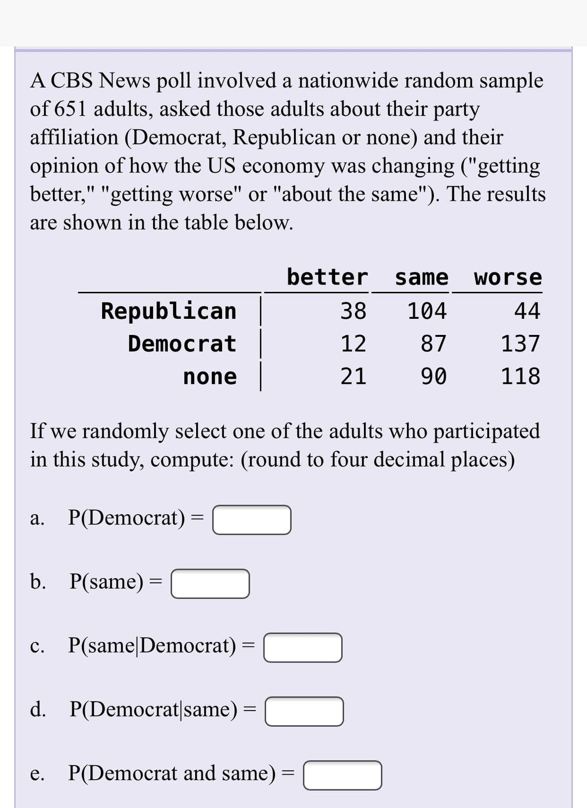 A CBS News poll involved a nationwide random sample
of 651 adults, asked those adults about their party
affiliation (Democrat, Republican or none) and their
opinion of how the US economy was changing ("getting
better," "getting worse" or "about the same"). The results
are shown in the table below.
better
same
worse
Republican
38
104
44
Democrat
12
87
137
none
21
90
118
If we randomly select one of the adults who participated
in this study, compute: (round to four decimal places)
а.
P(Democrat) =
b. P(same)
с.
P(same|Democrat) =
d. P(Democrat|same) =
е.
P(Democrat and same)
