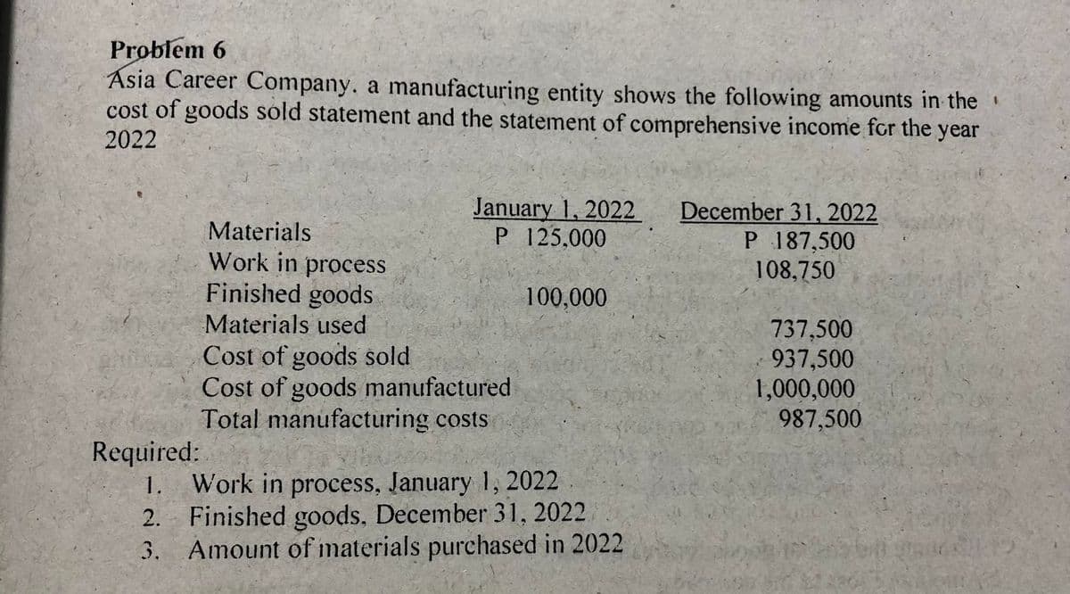 Problem 6
Asia Career Company. a manufacturing entity shows the following amounts in the
cost of goods sold statement and the statement of comprehensive income for the year
2022
Required:
Materials
Work in process
Finished goods
Materials used
January 1, 2022
P 125,000
Cost of goods sold
Cost of goods manufactured
Total manufacturing costs
100,000
1. Work in process, January 1, 2022.
Finished goods. December 31, 2022
2.
3. Amount of materials purchased in 2022
December 31, 2022
P 187,500
108,750
737,500
937.500
1,000,000
987,500