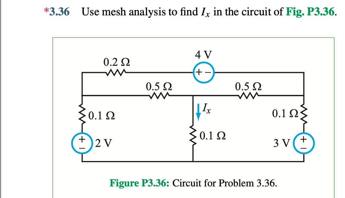 *3.36 Use mesh analysis to find I in the circuit of Fig. P3.36.
4 V
0.2 Ω
+-
0.5 Ω
ww
0.5 Ω
ww
11x
0.1 Ω
0.1ΩΣ
0.1 Ω
+
+
2 V
3 V
Figure P3.36: Circuit for Problem 3.36.