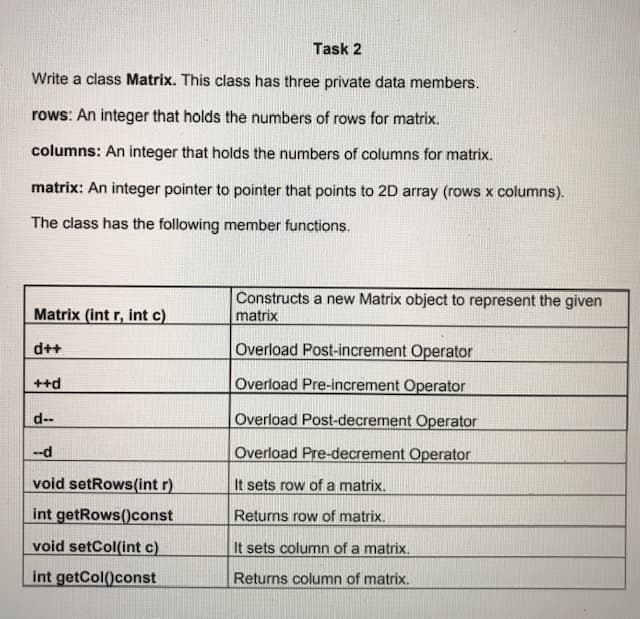 Task 2
Write a class Matrix. This class has three private data members.
rows: An integer that holds the numbers of rows for matrix.
columns: An integer that holds the numbers of columns for matrix.
matrix: An integer pointer to pointer that points to 2D array (rows x columns).
The class has the following member functions.
Constructs a new Matrix object to represent the given
matrix
Matrix (int r, int c)
d++
Overload Post-increment Operator
++d
Overload Pre-increment Operator
d--
Overload Post-decrement Operator
--d
Overload Pre-decrement Operator
void setRows(int r)
It sets row of a matrix.
int getRows()const
Returns row of matrix.
void setCol(int c)
It sets column of a matrix.
int getCol()const
Returns column of matrix.
