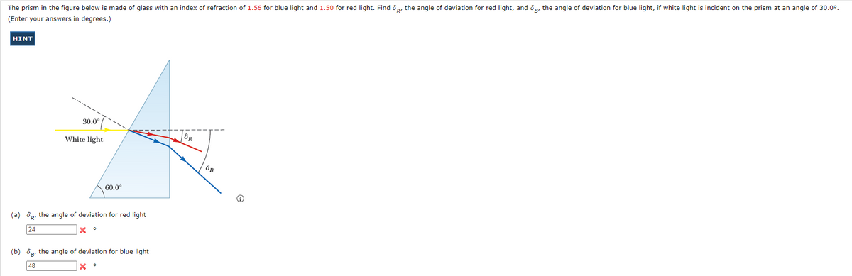 The prism in the figure below is made of glass with an index of refraction of 1.56 for blue light and 1.50 for red light. Find 8 p, the angle of deviation for red light, and 8 g, the angle of deviation for blue light, if white light is incident on the prism at an angle of 30.0°.
(Enter your answers in degrees.)
HINT
30.0°
White light
60.0°
(a) 8p, the angle of deviation for red light
24
(b) 8g, the angle of deviation for blue light
48
