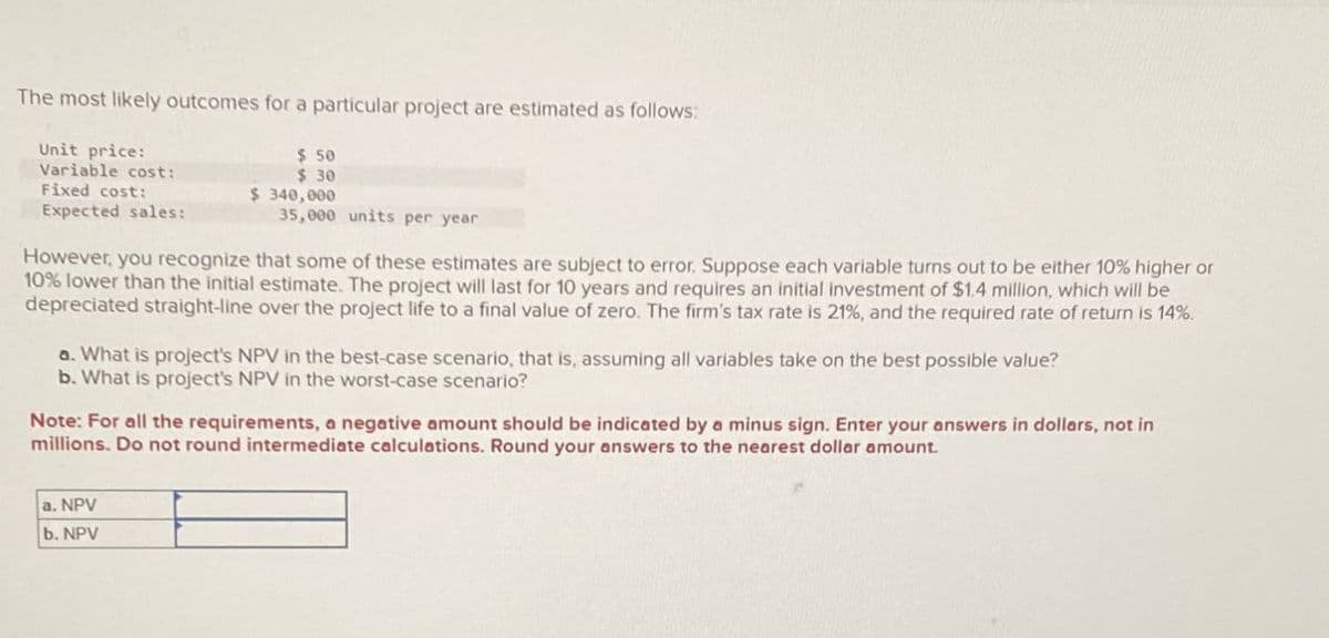 The most likely outcomes for a particular project are estimated as follows:
Unit price:
Variable cost:
Fixed cost:
Expected sales:
$ 50
$ 30
$340,000
35,000 units per year
However, you recognize that some of these estimates are subject to error. Suppose each variable turns out to be either 10% higher or
10% lower than the initial estimate. The project will last for 10 years and requires an initial investment of $1.4 million, which will be
depreciated straight-line over the project life to a final value of zero. The firm's tax rate is 21%, and the required rate of return is 14%
a. What is project's NPV in the best-case scenario, that is, assuming all variables take on the best possible value?
b. What is project's NPV in the worst-case scenario?
Note: For all the requirements, a negative amount should be indicated by a minus sign. Enter your answers in dollars, not in
millions. Do not round intermediate calculations. Round your answers to the nearest dollar amount.
a. NPV
b. NPV