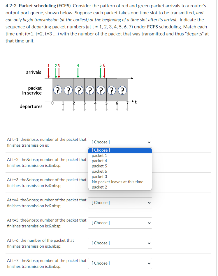 4.2-2. Packet scheduling (FCFS). Consider the pattern of red and green packet arrivals to a router's
output port queue, shown below. Suppose each packet takes one time slot to be transmitted, and
can only begin transmission (at the earliest) at the beginning of a time slot after its arrival. Indicate the
sequence of departing packet numbers (at t=1, 2, 3, 4, 5, 6, 7) under FCFS scheduling. Match each
time unit (t=1, t=2, t=3 ....) with the number of the packet that was transmitted and thus "departs" at
that time unit.
arrivals
packet
in service
departures
1 23
???????
m
At t= 1, the&nbsp; number of the packet that
finishes transmission is:
At t=4, the&nbsp; number of the packet that
finishes transmission is:&nbsp;
[Choose ]
[Choose ]
packet 1
At t=2, the&nbsp; number of the packet that packet 4
finishes transmission is:&nbsp;
packet 5
packet 6
packet 3
At t=3, the&nbsp; number of the packet that No packet leaves at this time.
finishes transmission is:&nbsp;
packet 2
At t=5, the&nbsp; number of the packet that
finishes transmission is:&nbsp;
At t=6, the number of the packet that
finishes transmission is:&nbsp;
56
→
At t=7, the&nbsp; number of the packet that
finishes transmission is:&nbsp;
[Choose ]
[Choose ]
[Choose ]
[Choose ]
<
<
<