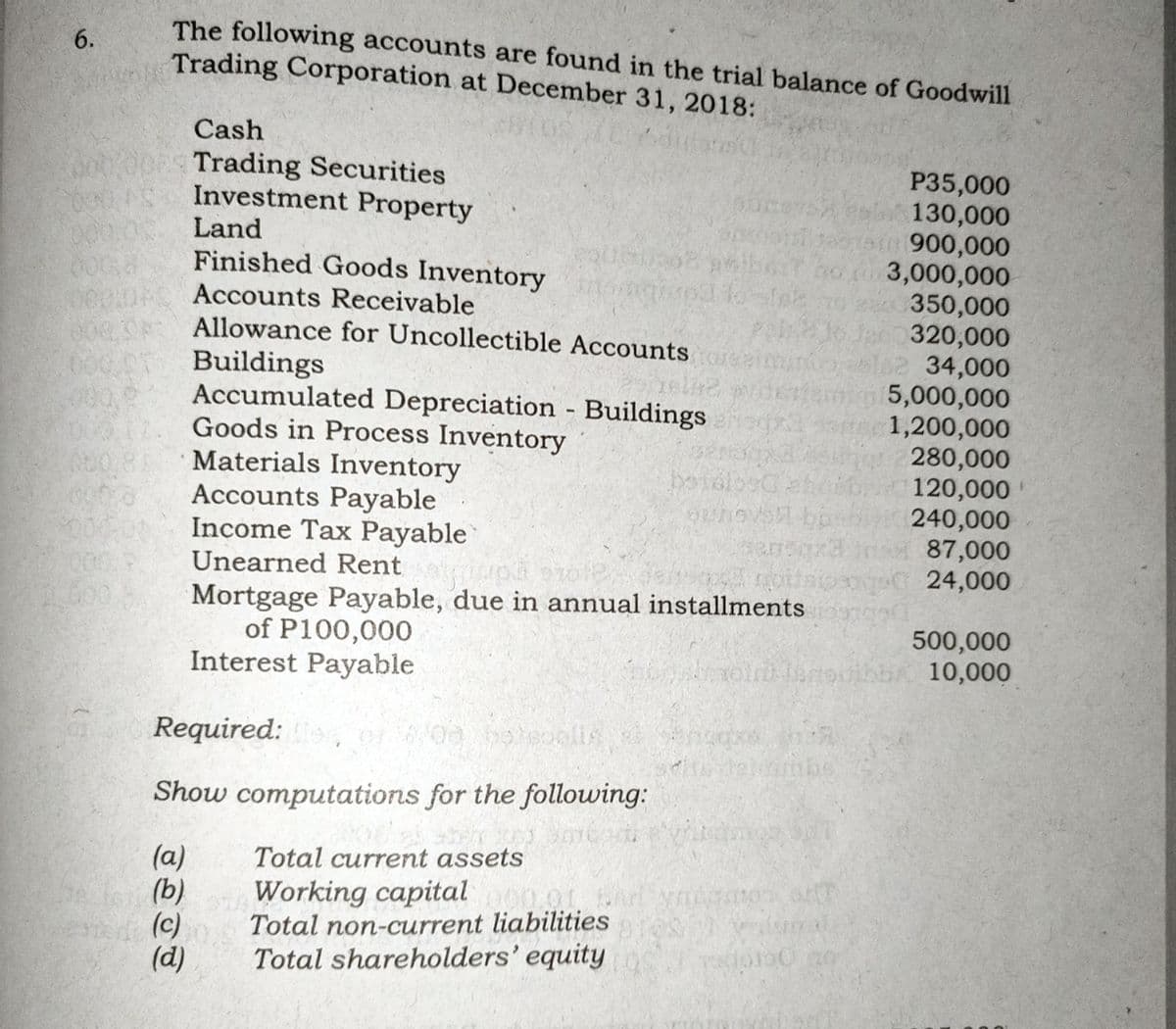 6.
The following accounts are found in the trial balance of Goodwill
Trading Corporation at December 31, 2018:
otro
00003 Land
Cash
Trading Securities
Investment Property
(c)
(d)
Finished Goods Inventory
Accounts Receivable
Allowance for Uncollectible Accounts
Buildings
Accumulated Depreciation - Buildings
Goods in Process Inventory
Materials Inventory
Accounts Payable
Income Tax Payable
Required:
Show computations for the following:
(a)
Total current assets
(b)
Working capital
0.01 BAR
Total non-current liabilities
Total shareholders' equity
bo161000
DUNOVSH
sans
Unearned Rent
Mortgage Payable, due in annual installments
of P100,000
Interest Payable
aloin togodih
mon a
Todoro
P35,000
130,000
900,000
3,000,000
350,000
320,000
34,000
5,000,000
1,200,000
280,000
120,000
240,000
87,000
24,000
500,000
10,000
