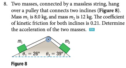 8. Two masses, connected by a massless string, hang
over a pulley that connects two inclines (Figure 8).
Mass m, is 8.0 kg, and mass m, is 12 kg. The coefficient
of kinetic friction for both inclines is 0.21. Determine
the acceleration of the two masses. A
m,
m2
0, = 26° 02 = 39°
Figure 8
