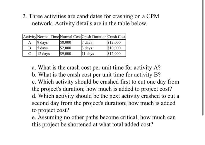 2. Three activities are candidates for crashing on a CPM
network. Activity details are in the table below.
Activity Normal Time Normal Cost Crash Duration Crash Cost
A
9 days
$8,000
7 days
$12,000
B
5 days
$2,000
3 days
$10,000
с
12 days
$9,000
11 days
$12,000
a. What is the crash cost per unit time for activity A?
b. What is the crash cost per unit time for activity B?
c. Which activity should be crashed first to cut one day from
the project's duration; how much is added to project cost?
d. Which activity should be the next activity crashed to cut a
second day from the project's duration; how much is added
to project cost?
e. Assuming no other paths become critical, how much can
this project be shortened at what total added cost?