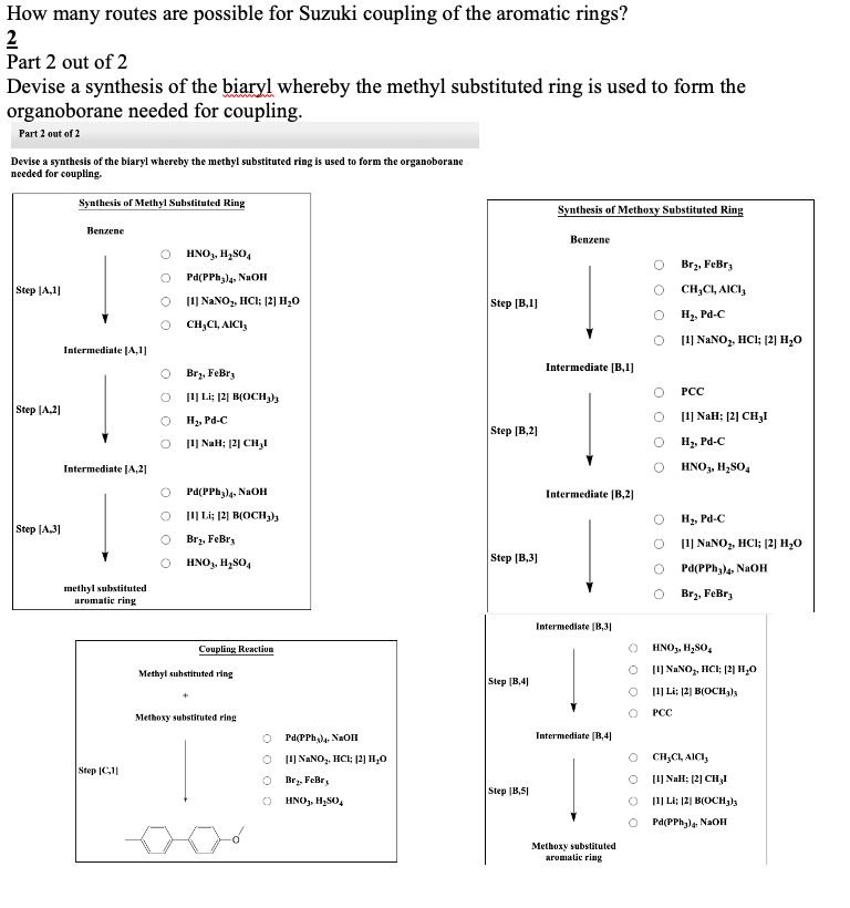 How many routes are possible for Suzuki coupling of the aromatic rings?
2
Part 2 out of 2
Devise a synthesis of the biaryl whereby the methyl substituted ring is used to form the
organoborane needed for coupling.
Part 2 out of 2
Devise a synthesis of the biaryl whereby the methyl substituted ring is used to form the organoborane
needed for coupling.
Step [A,1]
Step [A₂2]
Step [A,3]
Synthesis of Methyl Substituted Ring
Benzene
Intermediate [A₂1]
Intermediate [A,2]
methyl substituted
aromatic ring
Step [C,11
HNO3, H₂SO4
Pd(PPH3)4, NaOH
[1] NaNO₂, HCl; [2] H₂O
CH,CL, AICI3
Br₂, FeBry
[1] Li; [2] B(OCH3)3
H₂, Pd-C
[1] NaH; [2] CH₂
Pd(PPH3)4, NaOH
[1] Li; [2] B(OCH3)3
Br₂, FeBr3
HNO3, H₂SO4
Coupling Reaction
Methyl substituted ring
Methoxy substituted ring
O Pd(PPh₂) 4. NaOH
O [1] NaNO₂, HCl; [2] H₂O
O Br₂, FeBry
O
HNO3, H₂SO4
Step [B,1]
Step [B,2]
Step [B,3]
Step [B,4]
Step [B,51
Synthesis of Methoxy Substituted Ring
Benzene
Intermediate [B,1]
Intermediate [B,2]
Intermediate [B,3]
Intermediate [B,4]
Methoxy substituted
aromatic ring
Br₂, FeBr3
CH₂CI, AICI
H₂, Pd-C
[1] NaNO₂, HCl; [2] H₂O
PCC
[1] NaH; [2] CH₂I
H₂, Pd-C
HNO3, H₂SO4
H₂, Pd-C
[1] NaNO₂, HCl; [2] H₂O
Pd(PPH3)4, NaOH
Br₂, FeBrz
HNO3, H₂SO4
O [1] NaNO₂, HCI; [2] H₂O
[1] Li; [2] B(OCH₂)
PCC
CH₂CI, AICI,
[1] NaH; [2] CH₂1
[1] Li; [2] B(OCH3)3
OPd(PPh₂) 4, NaOH