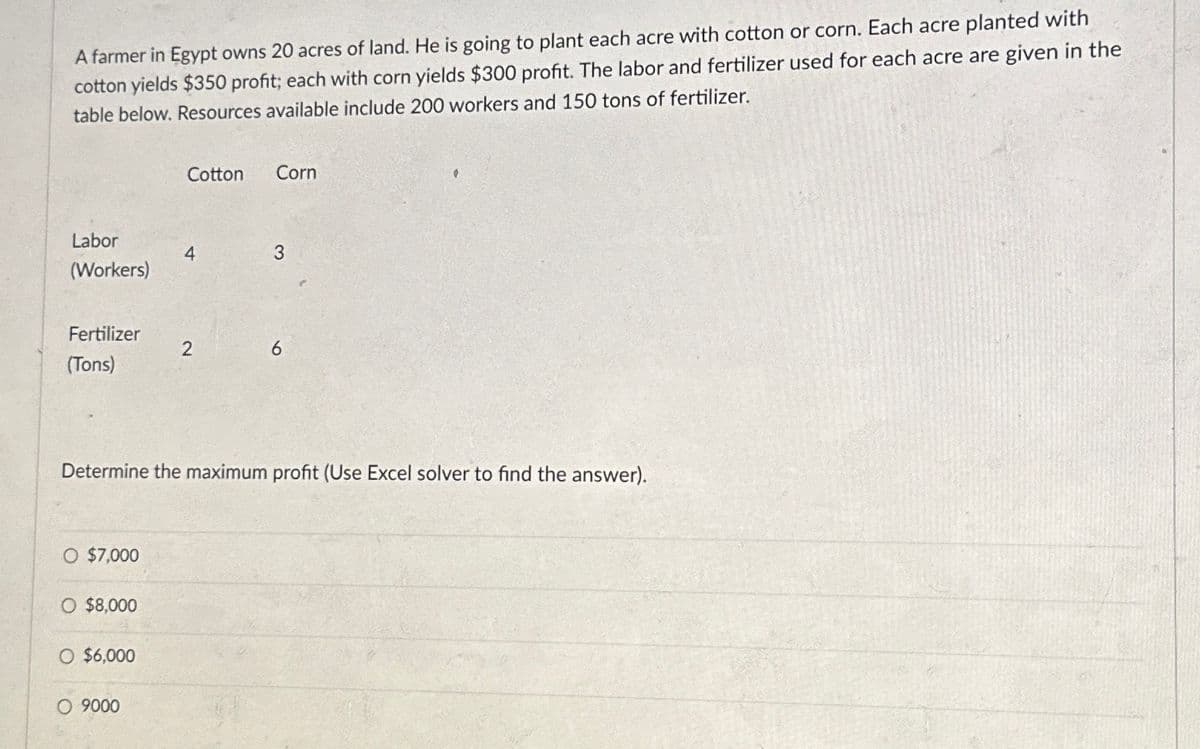 A farmer in Egypt owns 20 acres of land. He is going to plant each acre with cotton or corn. Each acre planted with
cotton yields $350 profit; each with corn yields $300 profit. The labor and fertilizer used for each acre are given in the
table below. Resources available include 200 workers and 150 tons of fertilizer.
Labor
(Workers)
Fertilizer
(Tons)
Cotton
Corn
4
3
2
6
Determine the maximum profit (Use Excel solver to find the answer).
O $7,000
O $8,000
O $6,000
O 9000