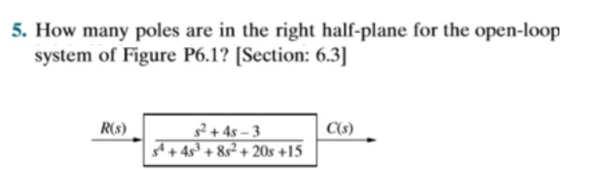 5. How many poles are in the right half-plane for the open-loop
system of Figure P6.1? [Section: 6.3]
R(s)
s²+45-3
+45³ +85² +20s +15
C(s)