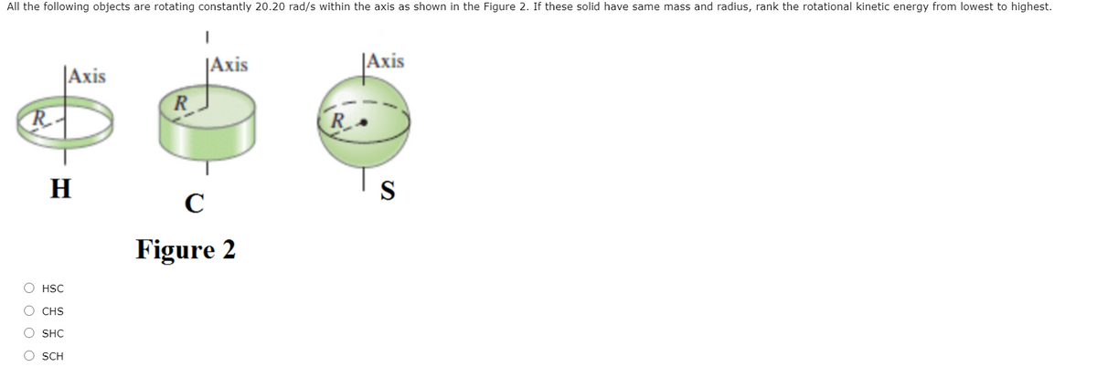 All the following objects are rotating constantly 20.20 rad/s within the axis as shown in the Figure 2. If these solid have same mass and radius, rank the rotational kinetic energy from lowest to highest.
|Axis
|Axis
|Аxis
R
R-
H
S
C
Figure 2
O HSC
O CHS
O SHC
O SCH
O O O O
