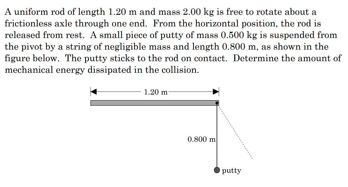 A uniform rod of length 1.20 m and mass 2.00 kg is free to rotate about a
frictionless axle through one end. From the horizontal position, the rod is
released from rest. A small piece of putty of mass 0.500 kg is suspended from
the pivot by a string of negligible mass and length 0.800 m, as shown in the
figure below. The putty sticks to the rod on contact. Determine the amount of
mechanical energy dissipated in the collision.
1.20 m
0.800 m
putty
