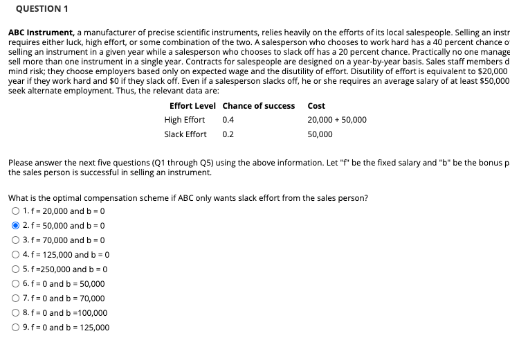 QUESTION 1
ABC Instrument, a manufacturer of precise scientific instruments, relies heavily on the efforts of its local salespeople. Selling an instr
requires either luck, high effort, or some combination of the two. A salesperson who chooses to work hard has a 40 percent chance o
selling an instrument in a given year while a salesperson who chooses to slack off has a 20 percent chance. Practically no one manage
sell more than one instrument in a single year. Contracts for salespeople are designed on a year-by-year basis. Sales staff members d
mind risk; they choose employers based only on expected wage and the disutility of effort. Disutility of effort is equivalent to $20,000
year if they work hard and $0 if they slack off. Even if a salesperson slacks off, he or she requires an average salary of at least $50,000
seek alternate employment. Thus, the relevant data are:
Effort Level Chance of success Cost
High Effort
0.4
20,000 + 50,000
Slack Effort
0.2
50,000
Please answer the next five questions (Q1 through Q5) using the above information. Let "f" be the fixed salary and "b" be the bonus p
the sales person is successful in selling an instrument.
What is the optimal compensation scheme if ABC only wants slack effort from the sales person?
O 1.f = 20,000 and b = 0
2. f = 50,000 and b = 0
3. f = 70,000 and b = 0
4. f = 125,000 and b = 0
O 5. f=250,000 and b = 0
O 6. f = 0 and b = 50,000
7.f= 0 and b = 70,000
8. f = 0 and b =100,000
9. f = 0 and b = 125,000
