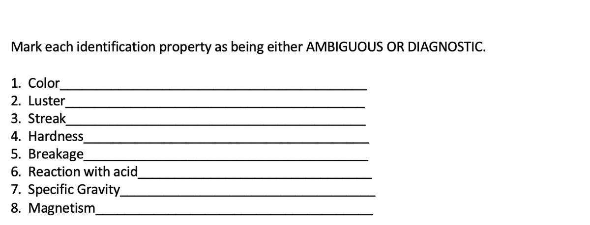 Mark each identification property as being either AMBIGUOUS OR DIAGNOSTIC.
1. Color
2. Luster
3. Streak
4. Hardness
5. Breakage_
6. Reaction with acid
7. Specific Gravity_
8. Magnetism_