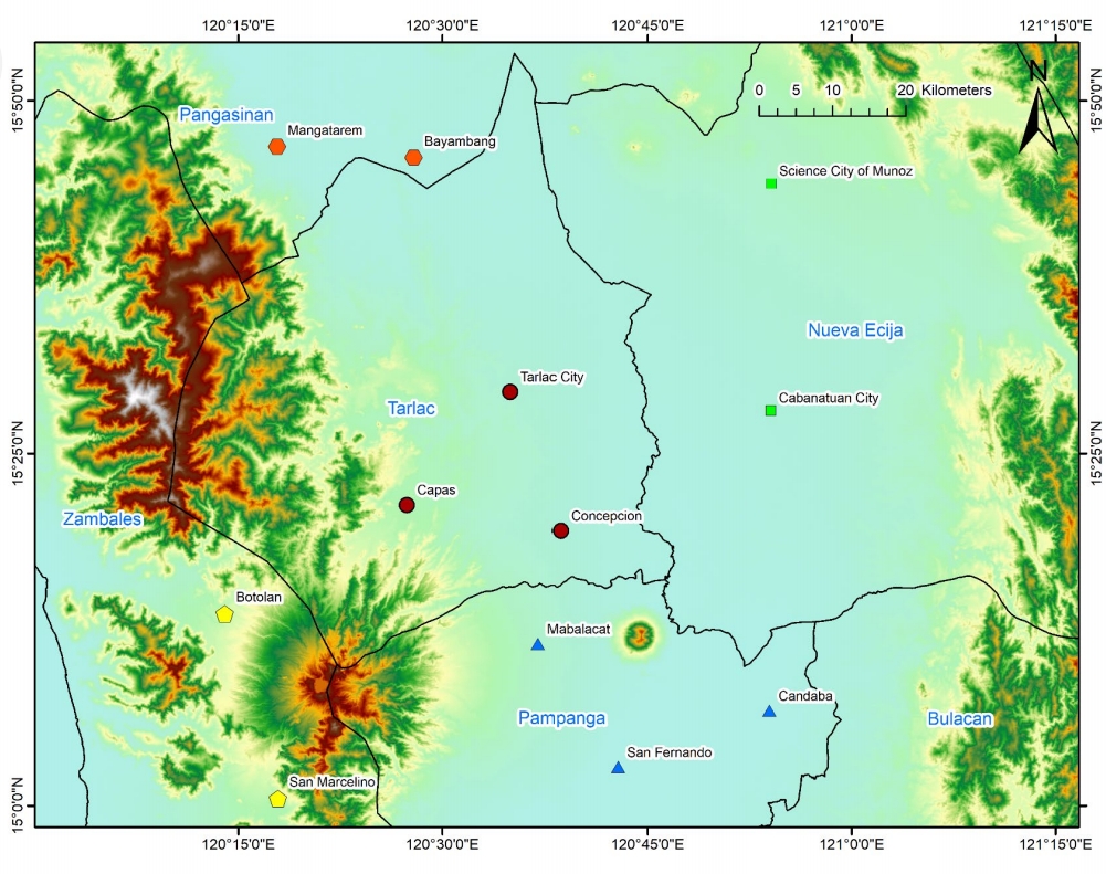 120°15'0"E
120°45'0"E
121° 15'0"E
120°30'0"E
121°0'0"E
10
20 Kilometers
Pangasinan
Mangatarem
Bayambang
Science City of Munoz
Nueva Ecija
Tarlac City
Cabanatuan City
Tarlac
Саpas
Zambales
Concepcion
Botolan
Mabalacat
Candaba
Pampanga
Bulacan
San Fernando
San Marcelino
120°15'0"E
120°30'0"E
120°45'0"E
121°0'0"E
121°15'0"E
15°50'0"N
15°25'0"N
N.0,0s.SL
N.o.sz.SL
N.0.0.SL
