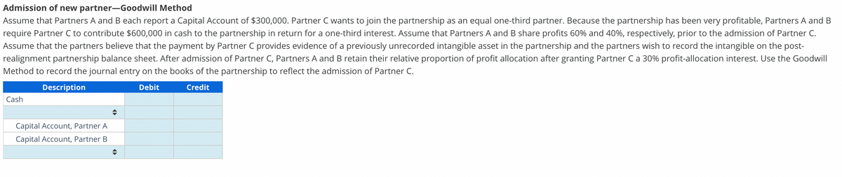 Admission of new partner-Goodwill Method
Assume that Partners A and B each report a Capital Account of $300,000. Partner C wants to join the partnership as an equal one-third partner. Because the partnership has been very profitable, Partners A and B
require Partner C to contribute $600,000 in cash to the partnership in return for a one-third interest. Assume that Partners A and B share profits 60% and 40%, respectively, prior to the admission of Partner C.
Assume that the partners believe that the payment by Partner C provides evidence of a previously unrecorded intangible asset in the partnership and the partners wish to record the intangible on the post-
realignment partnership balance sheet. After admission of Partner C, Partners A and B retain their relative proportion of profit allocation after granting Partner C a 30% profit-allocation interest. Use the Goodwill
Method to record the journal entry on the books of the partnership to reflect the admission of Partner C.
Description
Debit
Credit
Cash
Capital Account, Partner A
Capital Account, Partner B