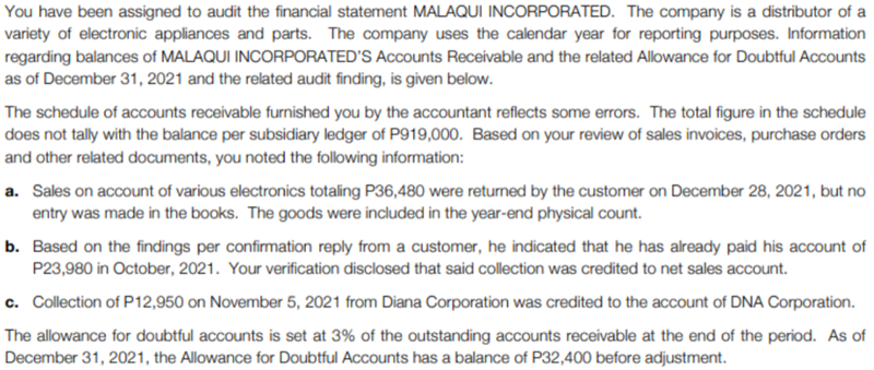 You have been assigned to audit the financial statement MALAQUI INCORPORATED. The company is a distributor of a
variety of electronic appliances and parts. The company uses the calendar year for reporting purposes. Information
regarding balances of MALAQUI INCORPORATED'S Accounts Receivable and the related Allowance for Doubtful Accounts
as of December 31, 2021 and the related audit finding, is given below.
The schedule of accounts receivable furnished you by the accountant reflects some errors. The total figure in the schedule
does not tally with the balance per subsidiary ledger of P919,000. Based on your review of sales invoices, purchase orders
and other related documents, you noted the following information:
a. Sales on account of various electronics totaling P36,480 were returned by the customer on December 28, 2021, but no
entry was made in the books. The goods were included in the year-end physical count.
b. Based on the findings per confirmation reply from a customer, he indicated that he has already paid his account of
P23,980 in October, 2021. Your verification disclosed that said collection was credited to net sales account.
c. Collection of P12,950 on November 5, 2021 from Diana Corporation was credited to the account of DNA Corporation.
The allowance for doubtful accounts is set at 3% of the outstanding accounts receivable at the end of the period. As of
December 31, 2021, the Allowance for Doubtful Accounts has a balance of P32,400 before adjustment.
