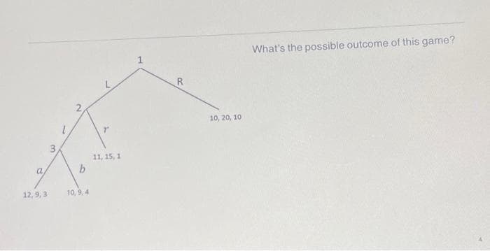 a
12, 9, 3
m
1
N
b
10, 9, 4
7"
11, 15, 1
B
10, 20, 10
What's the possible outcome of this game?