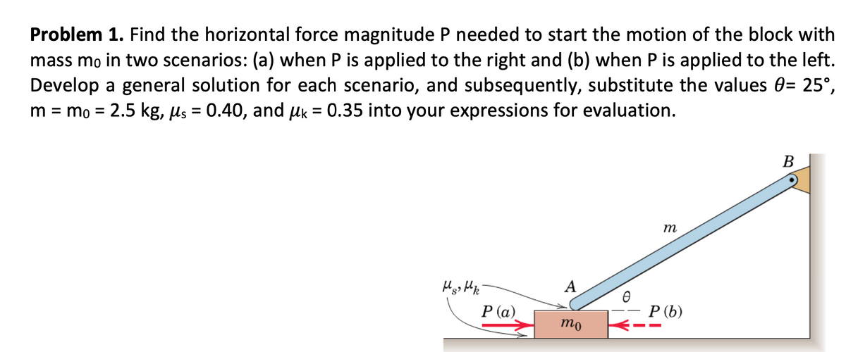 Problem 1. Find the horizontal force magnitude P needed to start the motion of the block with
mass mo in two scenarios: (a) when P is applied to the right and (b) when P is applied to the left.
Develop a general solution for each scenario, and subsequently, substitute the values 0= 25°,
m = mo = 2.5 kg, µs = 0.40, and μk = 0.35 into your expressions for evaluation.
Hgs H k
P (a)
A
mo
0
m
P (b)
B