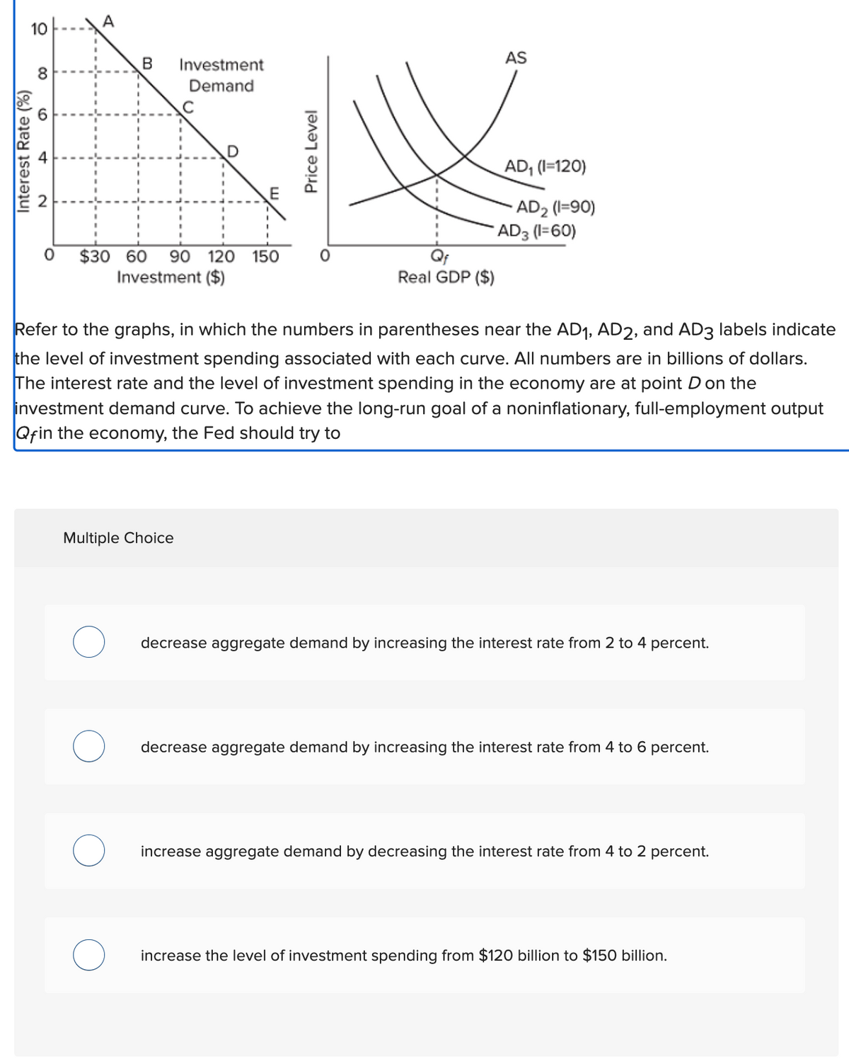 10
00
Interest Rate (%)
N
B Investment
Demand
0 $30 60 90 120 150
Investment ($)
Price Level
Multiple Choice
AS
Real GDP ($)
AD₁ (1=120)
AD₂ (1=90)
*AD3 (1=60)
Refer to the graphs, in which the numbers in parentheses near the AD₁, AD2, and AD3 labels indicate
the level of investment spending associated with each curve. All numbers are in billions of dollars.
The interest rate and the level of investment spending in the economy are at point D on the
investment demand curve. To achieve the long-run goal of a noninflationary, full-employment output
Qfin the economy, the Fed should try to
decrease aggregate demand by increasing the interest rate from 2 to 4 percent.
decrease aggregate demand by increasing the interest rate from 4 to 6 percent.
increase aggregate demand by decreasing the interest rate from 4 to 2 percent.
increase the level of investment spending from $120 billion to $150 billion.