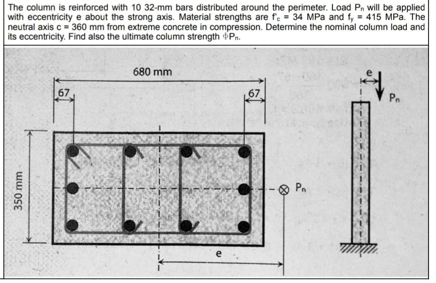 The column is reinforced with 10 32-mm bars distributed around the perimeter. Load Pn will be applied
with eccentricity e about the strong axis. Material strengths are f'c = 34 MPa and fy = 415 MPa. The
neutral axis c = 360 mm from extreme concrete in compression. Determine the nominal column load and
its eccentricity. Find also the ultimate column strength Pn.
350 mm
67
680 mm
e
67
1
Pn
T
Pn