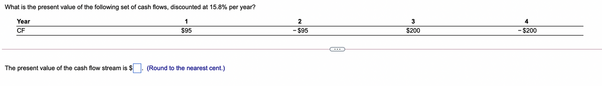 What is the present value of the following set of cash flows, discounted at 15.8% per year?
Year
2
3
4
CF
$95
- $95
$200
$200
The present value of the cash flow stream is $ . (Round to the nearest cent.)
