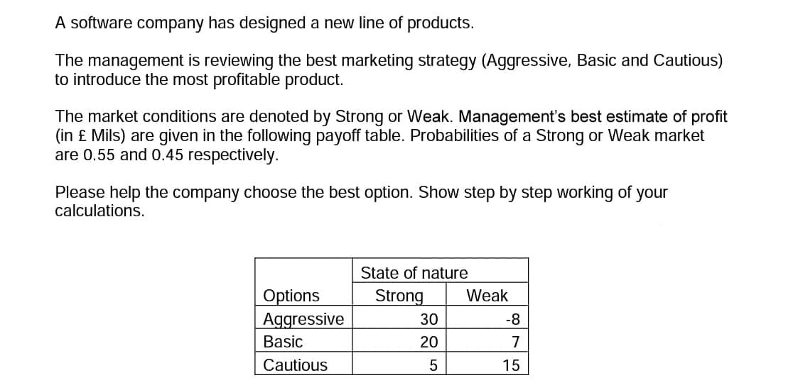 A software company has designed a new line of products.
The management is reviewing the best marketing strategy (Aggressive, Basic and Cautious)
to introduce the most profitable product.
The market conditions are denoted by Strong or Weak. Management's best estimate of profit
(in £ Mils) are given in the following payoff table. Probabilities of a Strong or Weak market
are 0.55 and 0.45 respectively.
Please help the company choose the best option. Show step by step working of your
calculations.
Options
Aggressive
Basic
Cautious
State of nature
Strong
30
20
5
Weak
-8
7
15