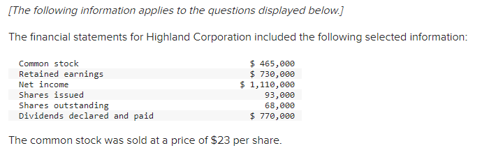 [The following information applies to the questions displayed below.]
The financial statements for Highland Corporation included the following selected information:
Common stock
Retained earnings
Net income
Shares issued
Shares outstanding
Dividends declared and paid
$ 465,000
$ 730,000
$ 1,110,000
93,000
68,000
$ 770,000
The common stock was sold at a price of $23 per share.