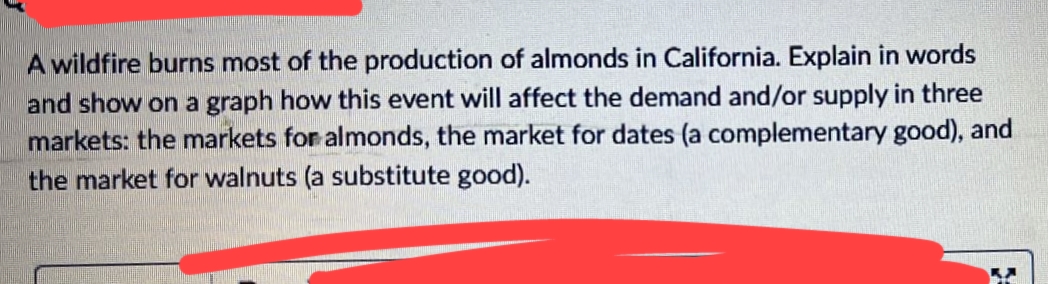 A wildfire burns most of the production of almonds in California. Explain in words
and show on a graph how this event will affect the demand and/or supply in three
markets: the markets for almonds, the market for dates (a complementary good), and
the market for walnuts (a substitute good).
