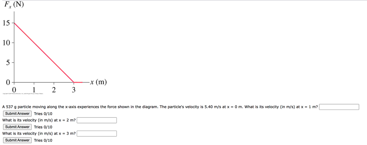 Fx (N)
15
10-
5
0
0
1
Donal filanten, ing shy Pay
2
3
-x (m)
A 537 g particle moving along the x-axis experiences the force shown in the diagram. The particle's velocity is 5.40 m/s at x = 0 m. What is its velocity (in m/s) at x = 1 m?
Submit Answer Tries 0/10
What is its velocity (in m/s) at x = 2 m?
Submit Answer Tries 0/10
What is its velocity (in m/s) at x = 3 m?
Submit Answer Tries 0/10