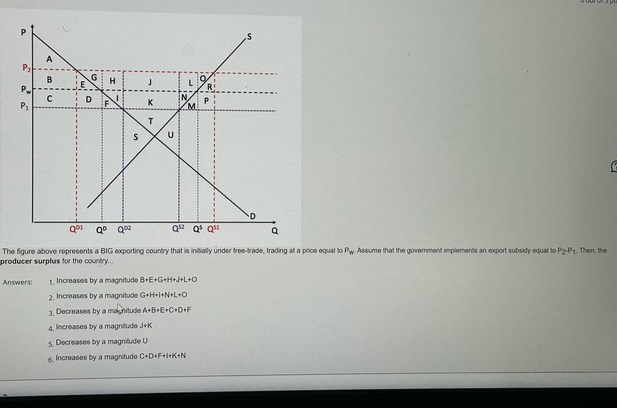 P
P₂
A
B
G
H
R
Pw
P₁
C
N
D
F
K
P¦
MA
T
S
U
QD1
QD QD2
S
D
QS2 Qs Q$1
a
The figure above represents a BIG exporting country that is initially under free-trade, trading at a price equal to Pw. Assume that the government implements an export subsidy equal to P2-P1. Then, the
producer surplus for the country...
Answers:
1. Increases by a magnitude B+E+G+H+J+L+O
2. Increases by a magnitude G+H+I+N+L+O
3. Decreases by a magnitude A+B+E+C+D+F
4. Increases by a magnitude J+K
5. Decreases by a magnitude U
6. Increases by a magnitude C+D+F+I+K+N