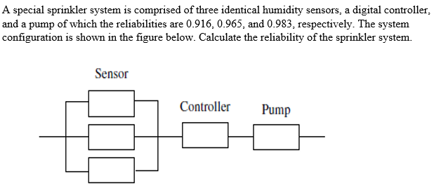 A special sprinkler system is comprised of three identical humidity sensors, a digital controller,
and a pump of which the reliabilities are 0.916, 0.965, and 0.983, respectively. The system
configuration is shown in the figure below. Calculate the reliability of the sprinkler system.
Sensor
Controller
Pump
