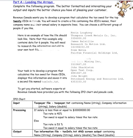 Part A - Loading the Arrays
Complete the following program. The better formatted and interesting your
output and inputs the better chance you have of pleasing your customer.
Revenue Canada wants you to develop a program that calculates the tax owed for the top
twenty CEOS in Canada. You will need to create a file containing the CEO's names, their
company name arnd iheir annual salary in separate lines, You can choose a different group of
people if you like.
Kevin Loughrey
Thompson Creek Metals Co. Ine.
Here is an example of how the file should
look like, Note that this example only
contains data for 6 people. You will need
3356000.00
James Balsillie
Research In Motion Ltd.
to research the information and ndd to
141594333.00
your own text file.
Prem Watsa
Fairfax Financial Holdings Ltd.
ark
Red Back Mining Inc.
3310667.00
John Shackleton
Open Text Corp.
4861667.00
Your task is to develop a program that
calculates the tax owed for these CEOS,
displays this information and saves it into
a second file named taxInfo.txt.
John Wright
Petrobank Energy and Resources Ltd.
4353333.00
To get you started, software experts at
Revenue Canada have provided you with the following IPO chart and pseudo code.
IPO Chart
Taxpayer file - taxpayer.txt containing Name (string), Company information
(string), Salary (double)
If salary is less than or equal to $10000000.00
Input
Processing
Tax rate is 40%
Tax owed is equal to salary times the tax rate
Else
Tax rate is 53 %
Tax owed it equal to salary times the tax rate
Tax information file - taxInfo.txt AND screen output containing
Name (String) Company (String), salary (double), Tax Owed (double)
Output
