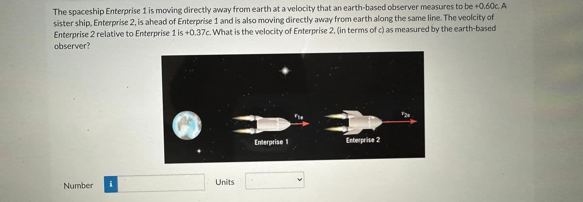 The spaceship Enterprise 1 is moving directly away from earth at a velocity that an earth-based observer measures to be +0.60c. A
sister ship, Enterprise 2, is ahead of Enterprise 1 and is also moving directly away from earth along the same line. The veolcity of
Enterprise 2 relative to Enterprise 1 is +0.37c. What is the velocity of Enterprise 2, (in terms of c) as measured by the earth-based
observer?
Number
Units
Enterprise 1
Vie
Enterprise 2
V20
